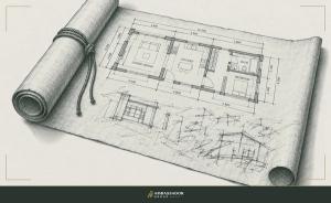 Antique engraving illustration. A rolled scroll tied with cord, partially unrolled to reveal precise dimensioned floor plan lines giving way to loose, unmeasured scrawl halfway down.