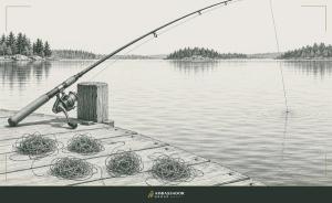 Antique engraving illustration. A single fishing line taut and true from rod to water, beside a jumble of five tangled lines piled unused on a dock plank.