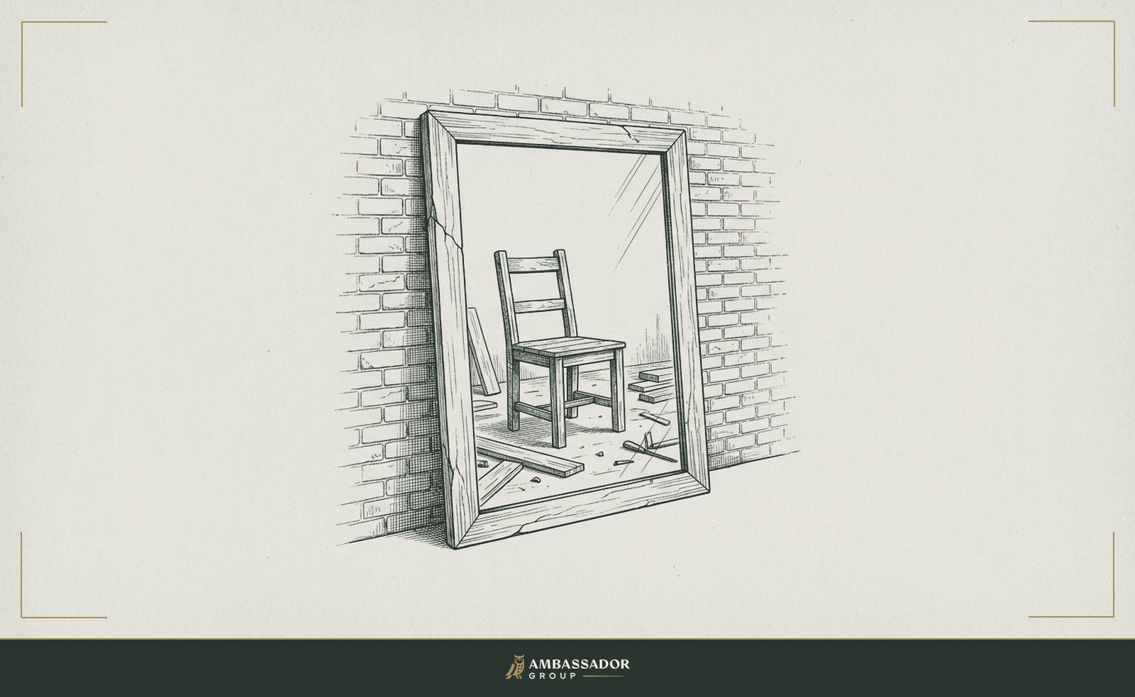 Antique engraving illustration. A mirror leaning against a brick wall on a job site, the frame slightly cracked, reflecting an empty foreman's chair behind it.