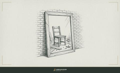 Antique engraving illustration. A mirror leaning against a brick wall on a job site, the frame slightly cracked, reflecting an empty foreman's chair behind it.