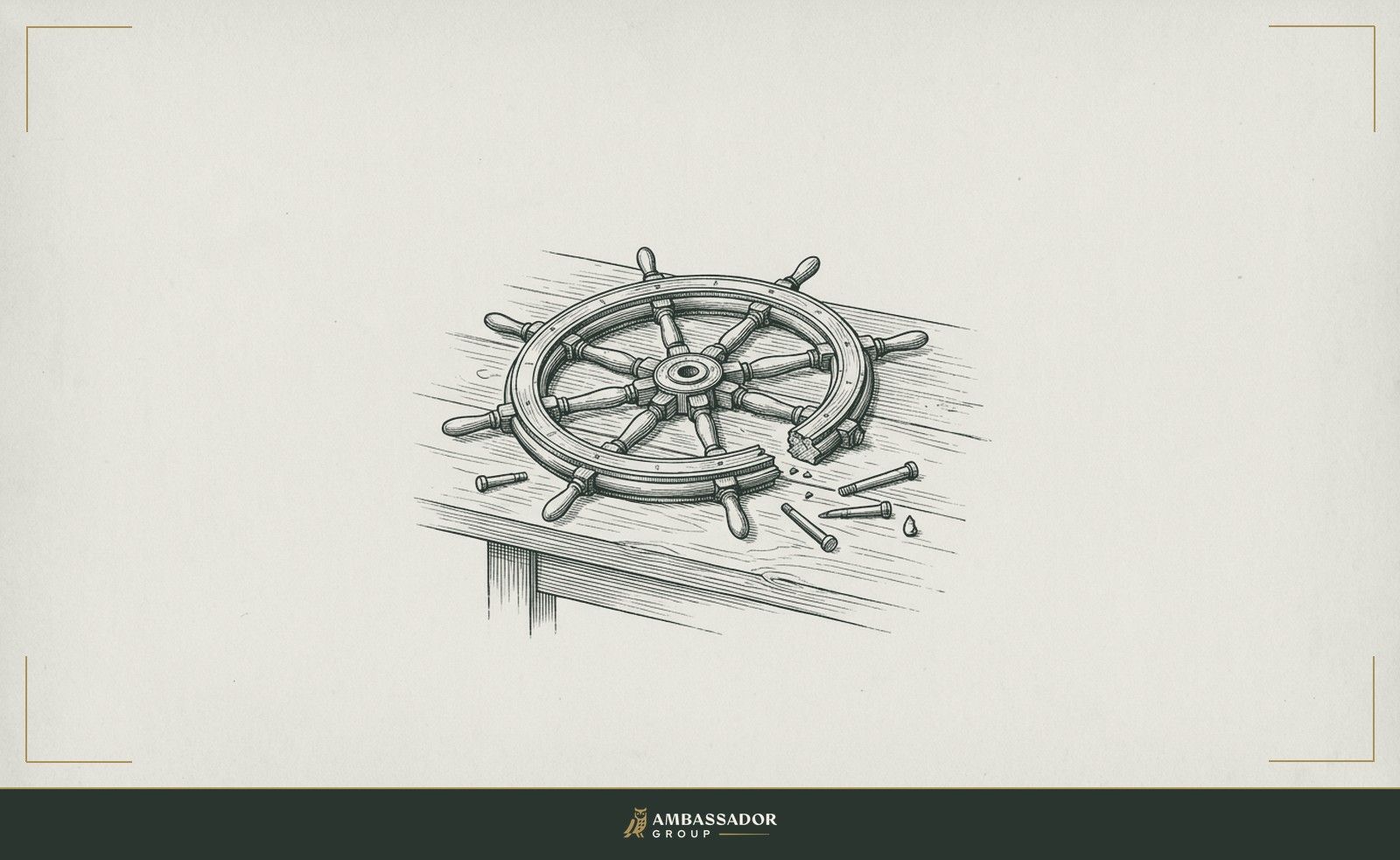Antique engraving illustration. A single ship's wheel with one spoke snapped, surrounded by several smaller unanchored rudder pins lying loose on a workbench, no hand on any of them.