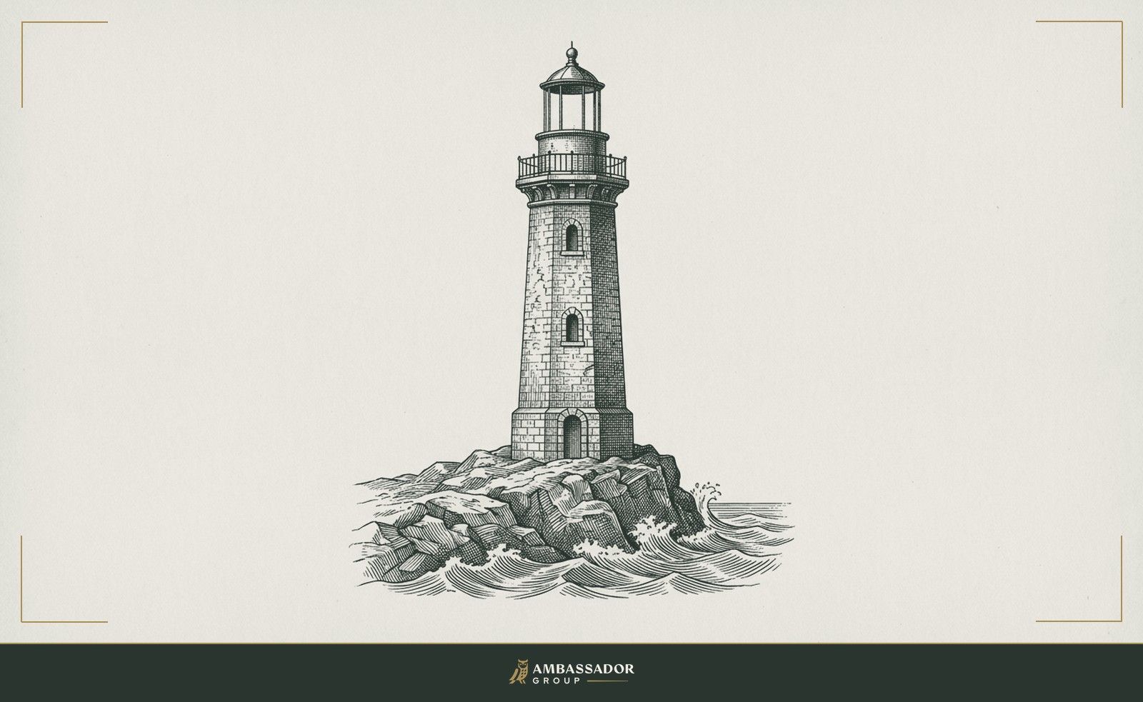 Antique engraving illustration. A tall stone lighthouse rises from a rocky point, its lamp housing open to the sky.