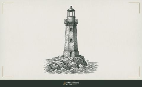 Antique engraving illustration. A tall stone lighthouse rises from a rocky point, its lamp housing open to the sky.