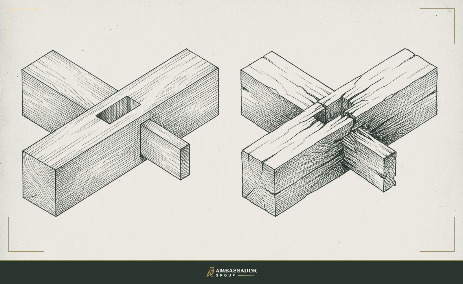 Antique engraving illustration. A mortise-and-tenon joint cut in opposing timbers, one fitted cleanly under calm conditions, the other stressed and splitting under load.