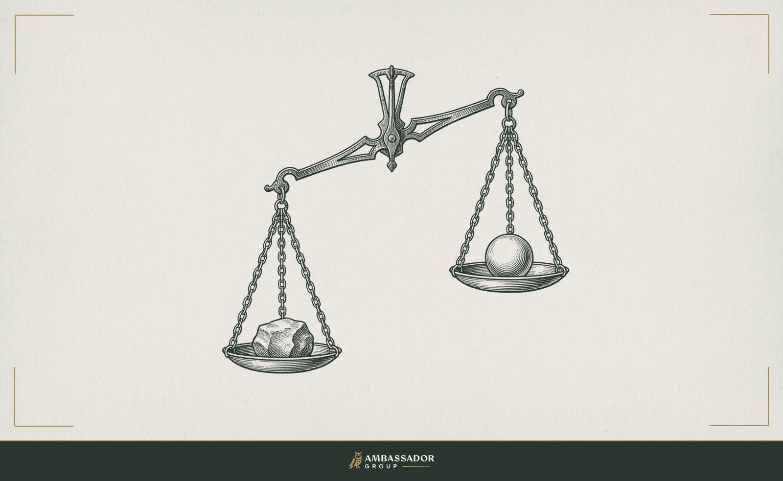 Antique engraving illustration. Two weights placed on opposite pans of a balance scale, one a rough stone, one a polished sphere, the scale decisively tipped.