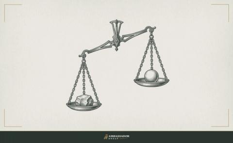 Antique engraving illustration. Two weights placed on opposite pans of a balance scale, one a rough stone, one a polished sphere, the scale decisively tipped.
