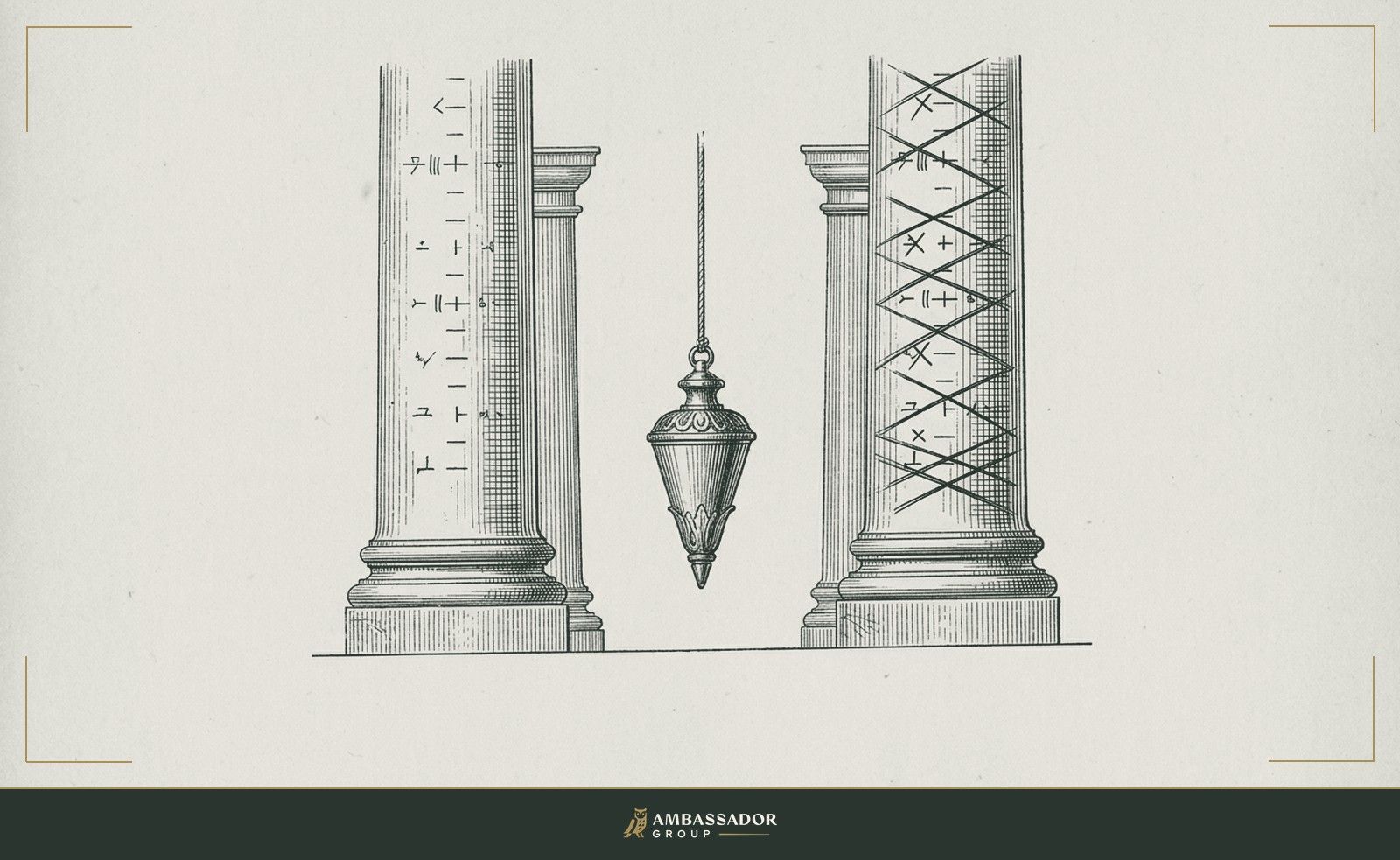 Antique engraving illustration. A weighted plumb line hanging between two marked columns, one labeled with allowable marks, the other with crossed-out marks, the bob at center showing where judgment must fall.