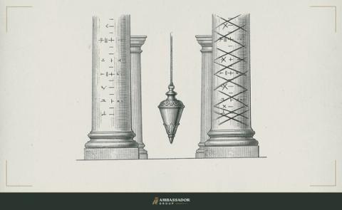 Antique engraving illustration. A weighted plumb line hanging between two marked columns, one labeled with allowable marks, the other with crossed-out marks, the bob at center showing where judgment must fall.
