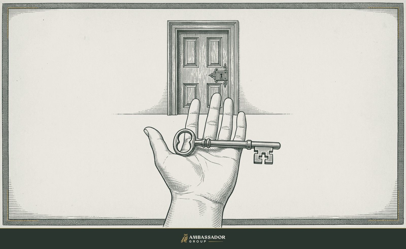 Antique engraving illustration. A key resting on an open palm extended forward, a closed door visible in the background with its lock aligned at the same height.