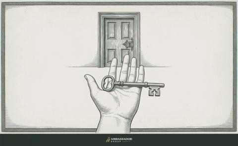 Antique engraving illustration. A key resting on an open palm extended forward, a closed door visible in the background with its lock aligned at the same height.
