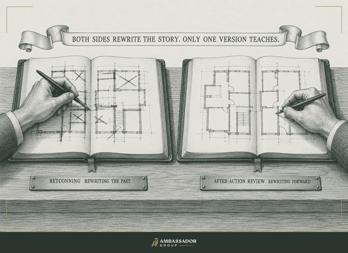 Antique engraving plate of two open ledgers: on the left a hand strikes through old plan lines, labeled retconning, rewriting the past; on the right a hand drafts a clean new plan, labeled after-action review, rewriting forward. The ribbon reads: both sides rewrite the story, only one version teaches.