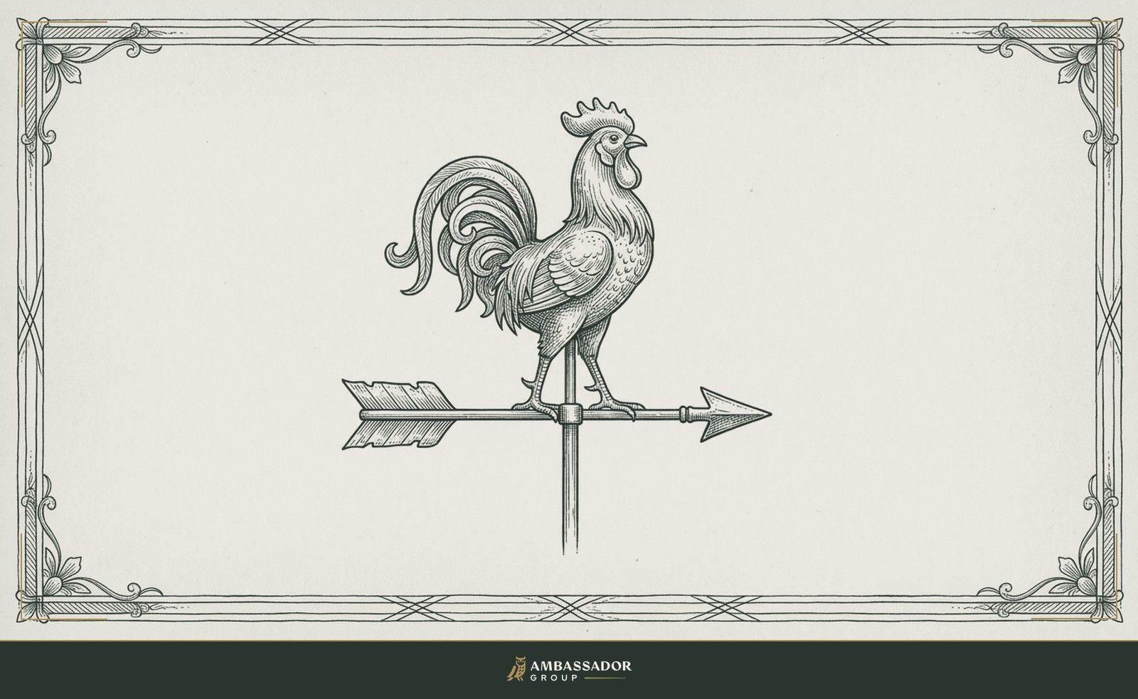 Antique engraving illustration. A rooster-form weathervane frozen mid-turn, its arrow pointing toward the observer rather than the wind, mounted on a plain rod, with no compass letters or lettering of any kind.