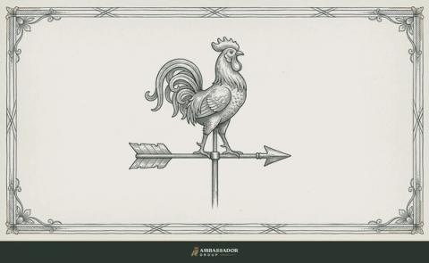 Antique engraving illustration. A rooster-form weathervane frozen mid-turn, its arrow pointing toward the observer rather than the wind, mounted on a plain rod, with no compass letters or lettering of any kind.