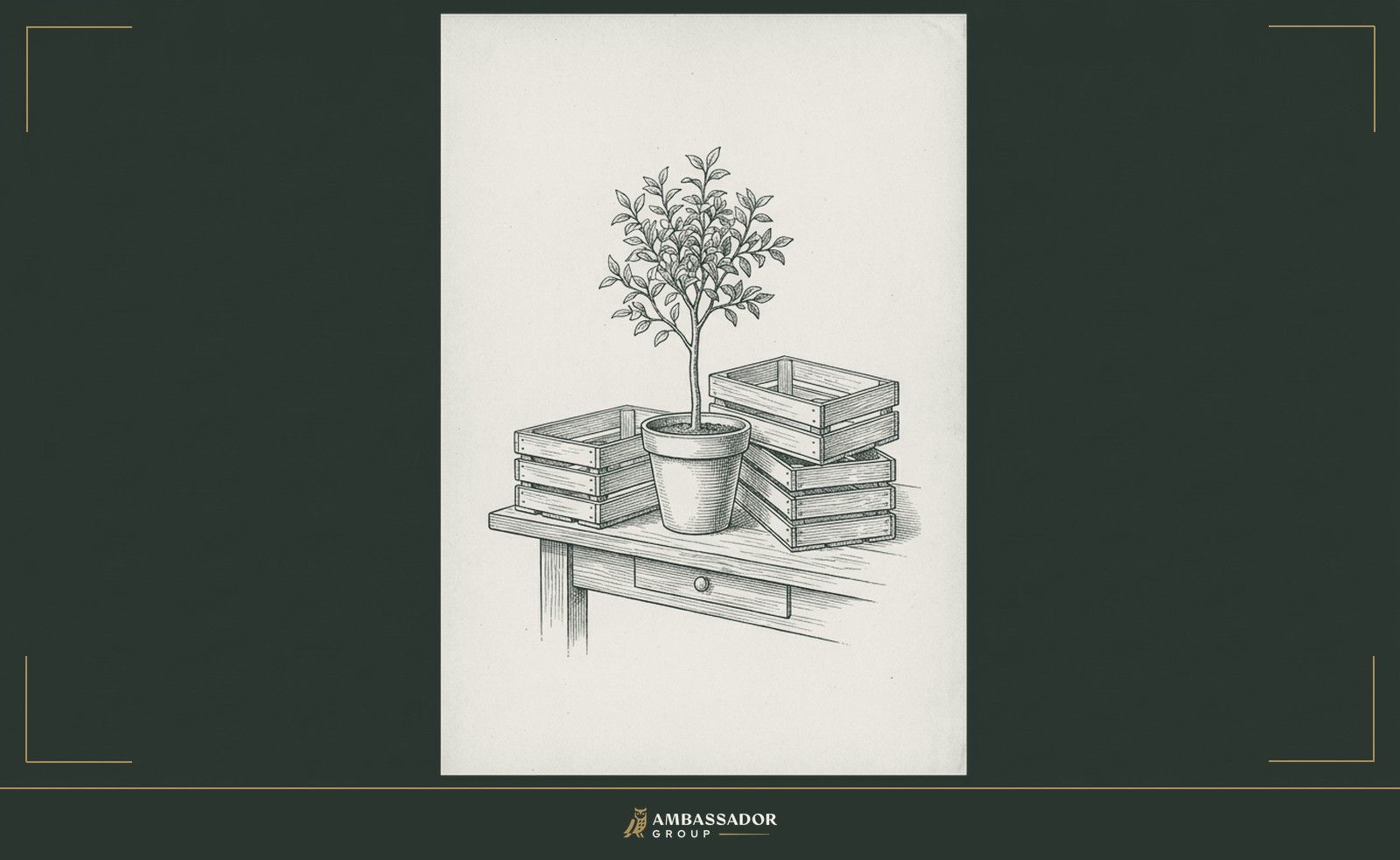 Antique engraving illustration. A single well-tended potted sapling on a workbench surrounded by empty crates, the living thing set apart from the containers that once held inventory.
