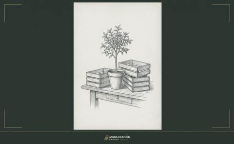 Antique engraving illustration. A single well-tended potted sapling on a workbench surrounded by empty crates, the living thing set apart from the containers that once held inventory.
