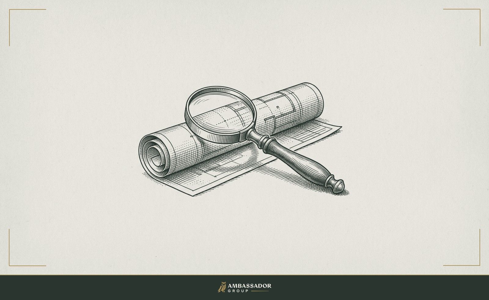 Antique engraving illustration. A brass magnifying glass resting on a rolled architectural drawing.