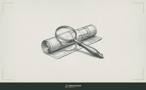 Antique engraving illustration. A brass magnifying glass resting on a rolled architectural drawing.