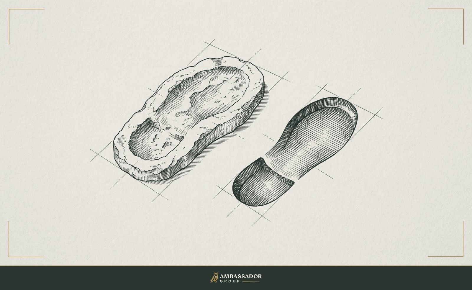 Antique engraving illustration. A worn boot print cast in plaster beside a fresh boot, the two impressions strikingly mismatched in depth and angle.