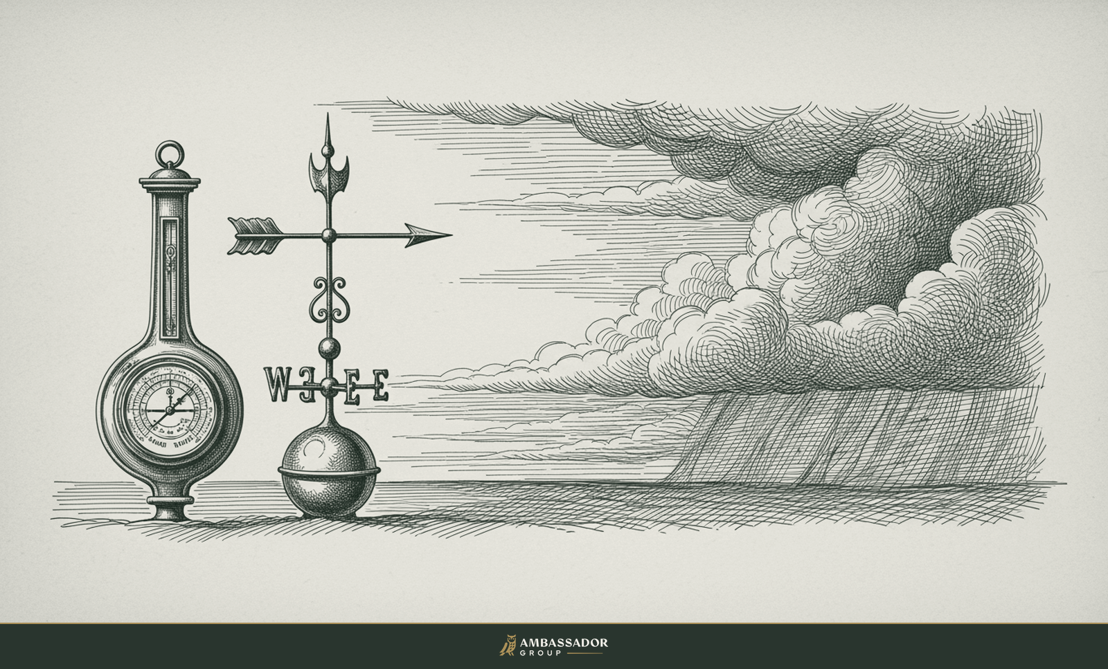 Antique engraving illustration. An antique brass barometer and an iron weathervane reading an approaching storm front gathering on the horizon.