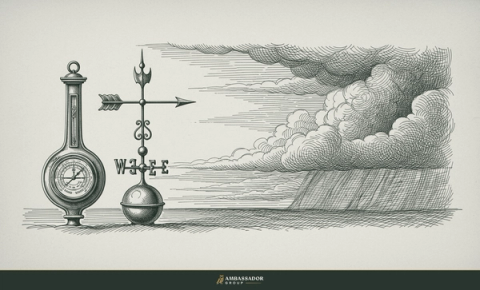 Antique engraving illustration. An antique brass barometer and an iron weathervane reading an approaching storm front gathering on the horizon.