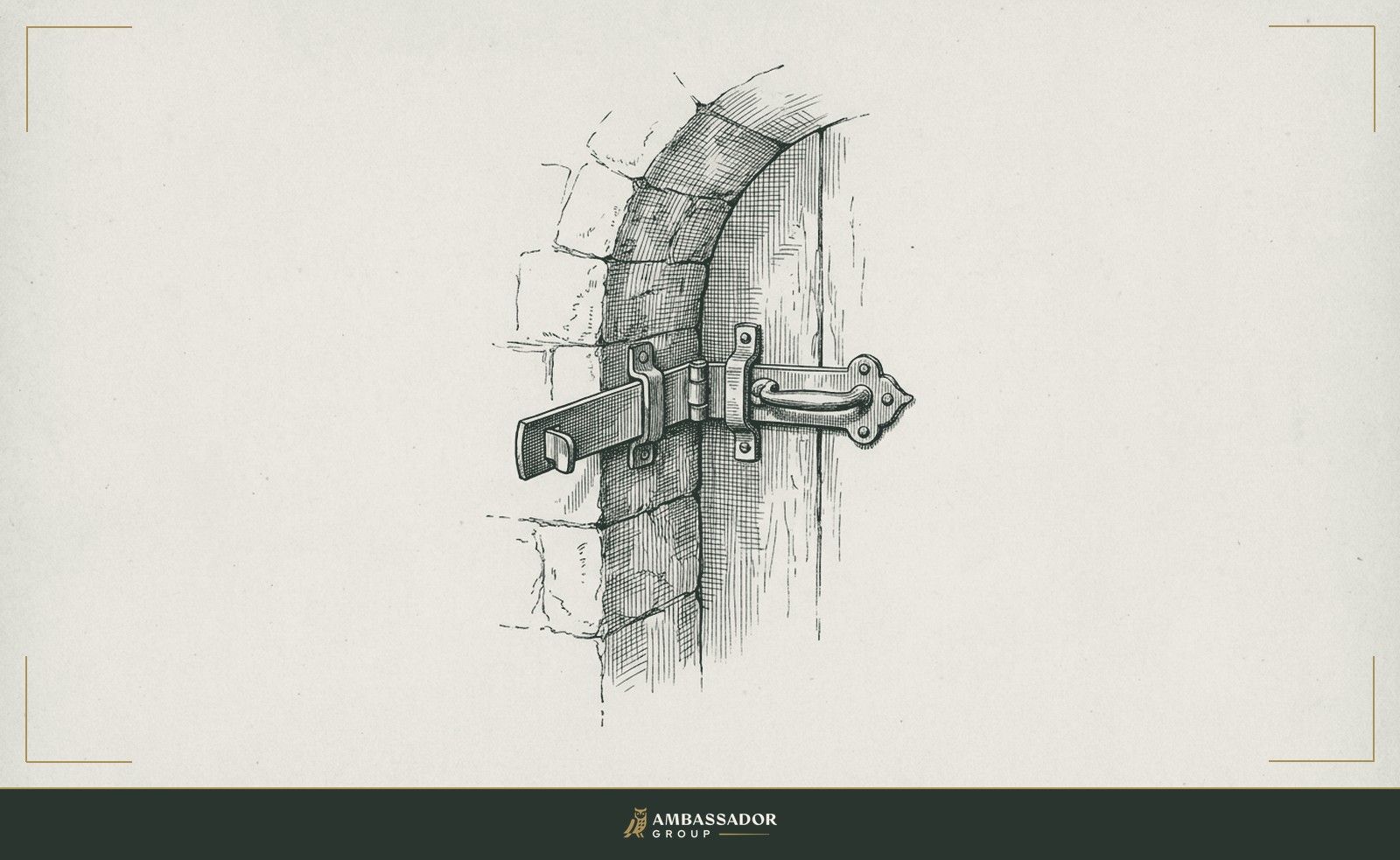 Antique engraving illustration. A heavy iron gate latch and hasp stand half open within a weathered stone archway.
