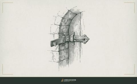 Antique engraving illustration. A heavy iron gate latch and hasp stand half open within a weathered stone archway.
