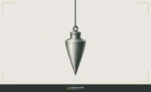 Antique engraving illustration. A carpenter’s plumb bob hangs still from a fine cord, finding true vertical.