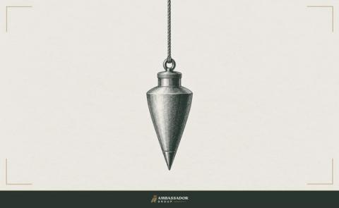 Antique engraving illustration. A carpenter’s plumb bob hangs still from a fine cord, finding true vertical.
