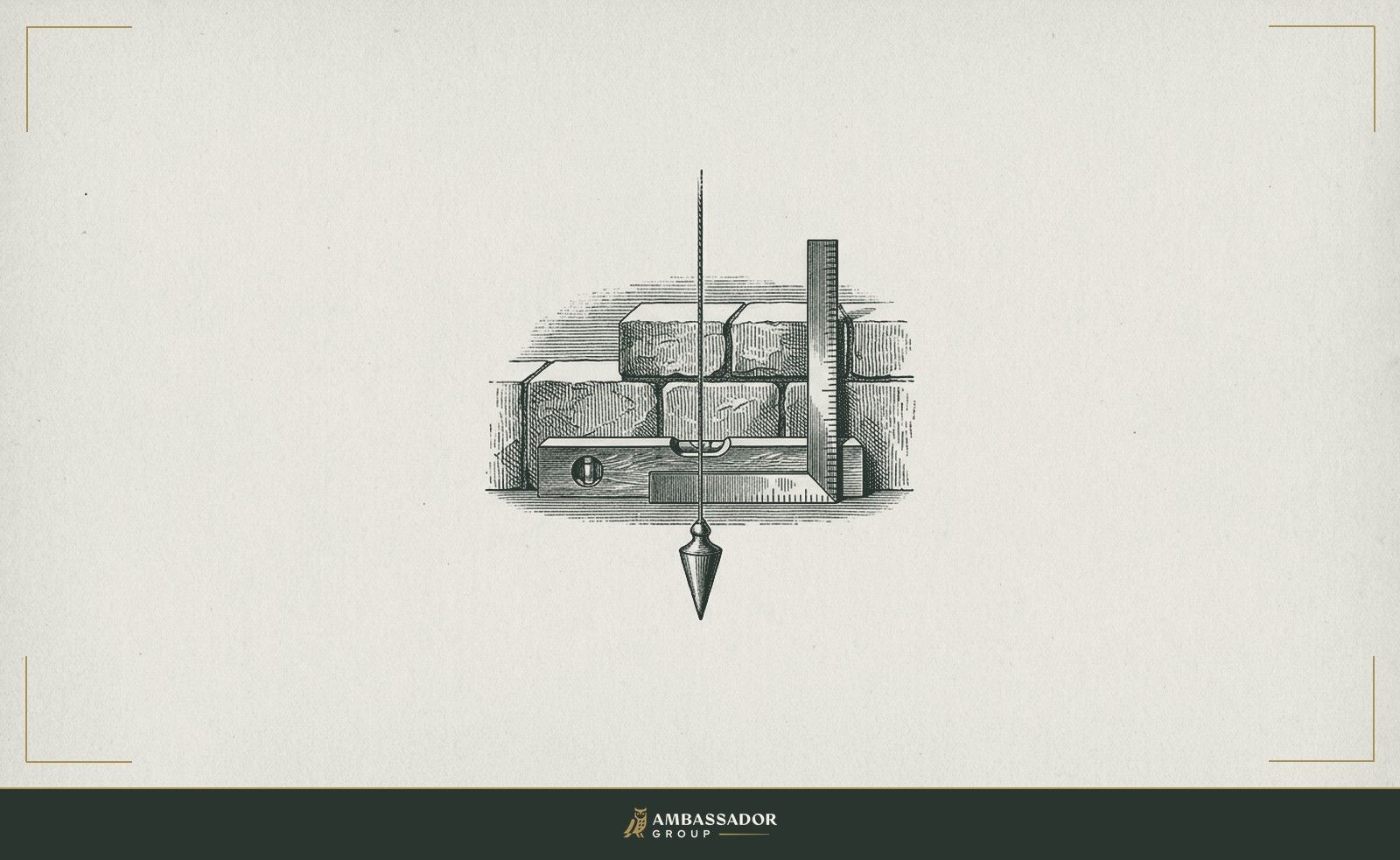 Antique engraving illustration. A master builder's plumb line, level, and square arranged in a triangle at the foot of a rising wall, the wall's first course perfectly true.