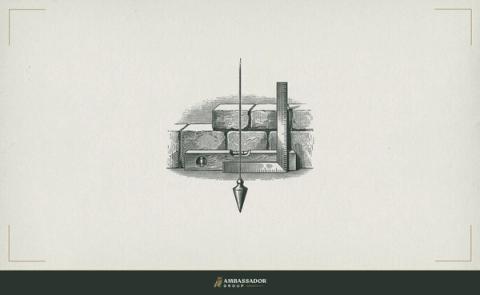 Antique engraving illustration. A master builder's plumb line, level, and square arranged in a triangle at the foot of a rising wall, the wall's first course perfectly true.