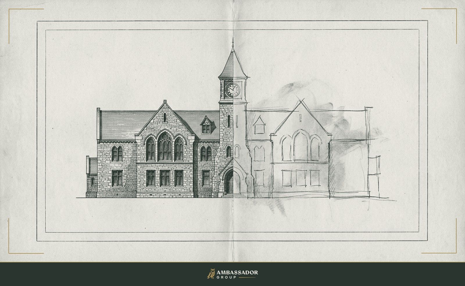 Antique engraving illustration. A blueprint with one elevation drawn in full architectural detail and an opposing elevation left as a rough pencil sketch, the honest and the idealized views of the same structure on one sheet.