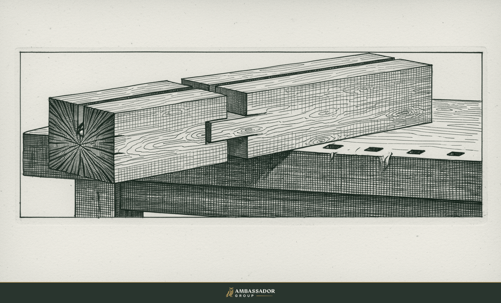 Antique engraving illustration. A perfectly fitted mortise-and-tenon timber joint on a workbench, two pieces of wood shaped exactly to each other.