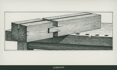 Antique engraving illustration. A perfectly fitted mortise-and-tenon timber joint on a workbench, two pieces of wood shaped exactly to each other.