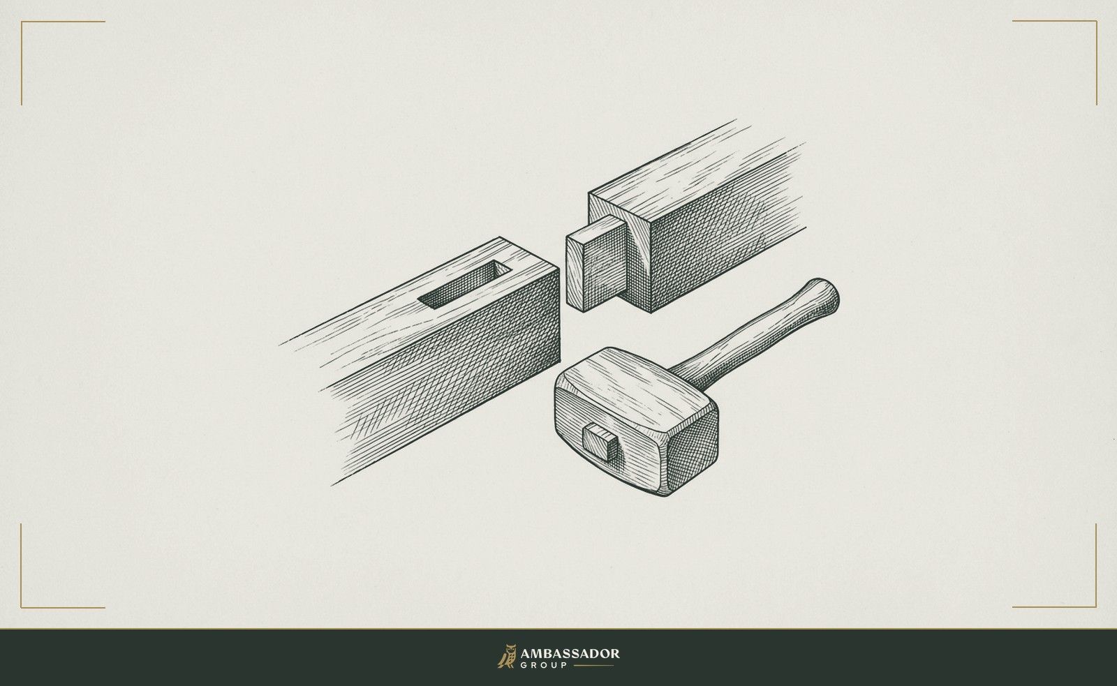Antique engraving illustration. A mortise-and-tenon joint half-fitted, two timbers aligned but not yet seated, a mallet resting beside them.