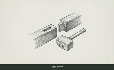 Antique engraving illustration. A mortise-and-tenon joint half-fitted, two timbers aligned but not yet seated, a mallet resting beside them.