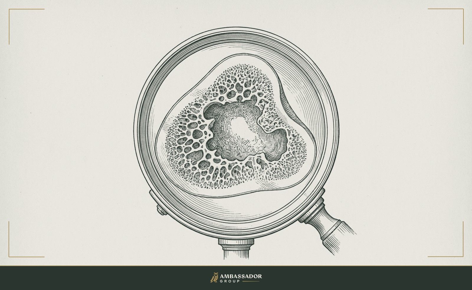 Antique engraving illustration. A bone cross-section at the center of the frame, its dense marrow structure visible under a magnifying glass, the truth of a thing found only beneath the surface layer.
