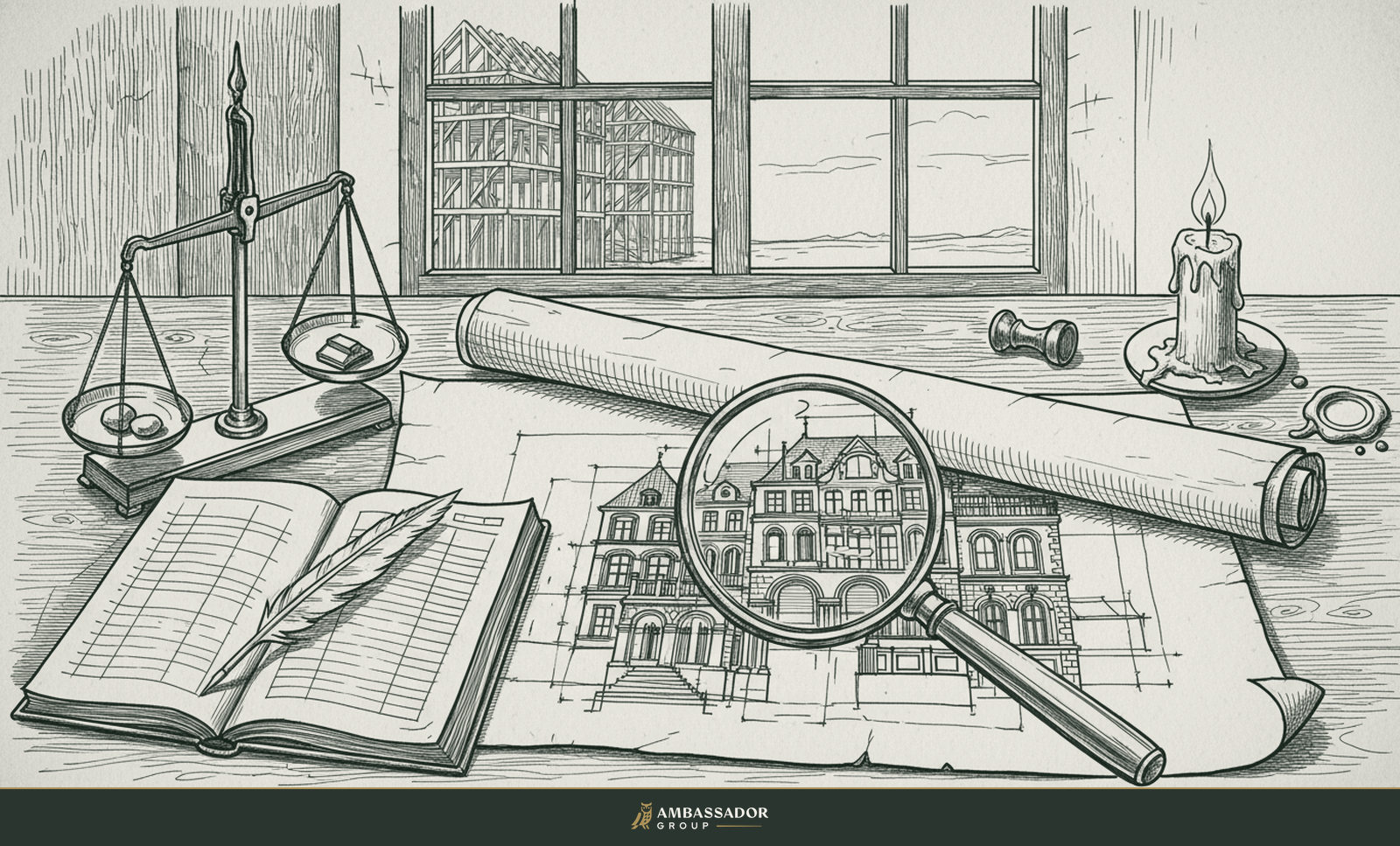 Engraving of an underwriter's desk: magnifying glass over building drawings, balance scale, and ledger, with a building frame rising outside the window.