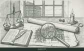 Engraving of an underwriter's desk: magnifying glass over building drawings, balance scale, and ledger, with a building frame rising outside the window.