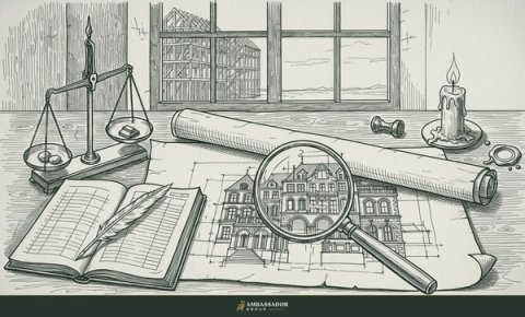 Engraving of an underwriter's desk: magnifying glass over building drawings, balance scale, and ledger, with a building frame rising outside the window.