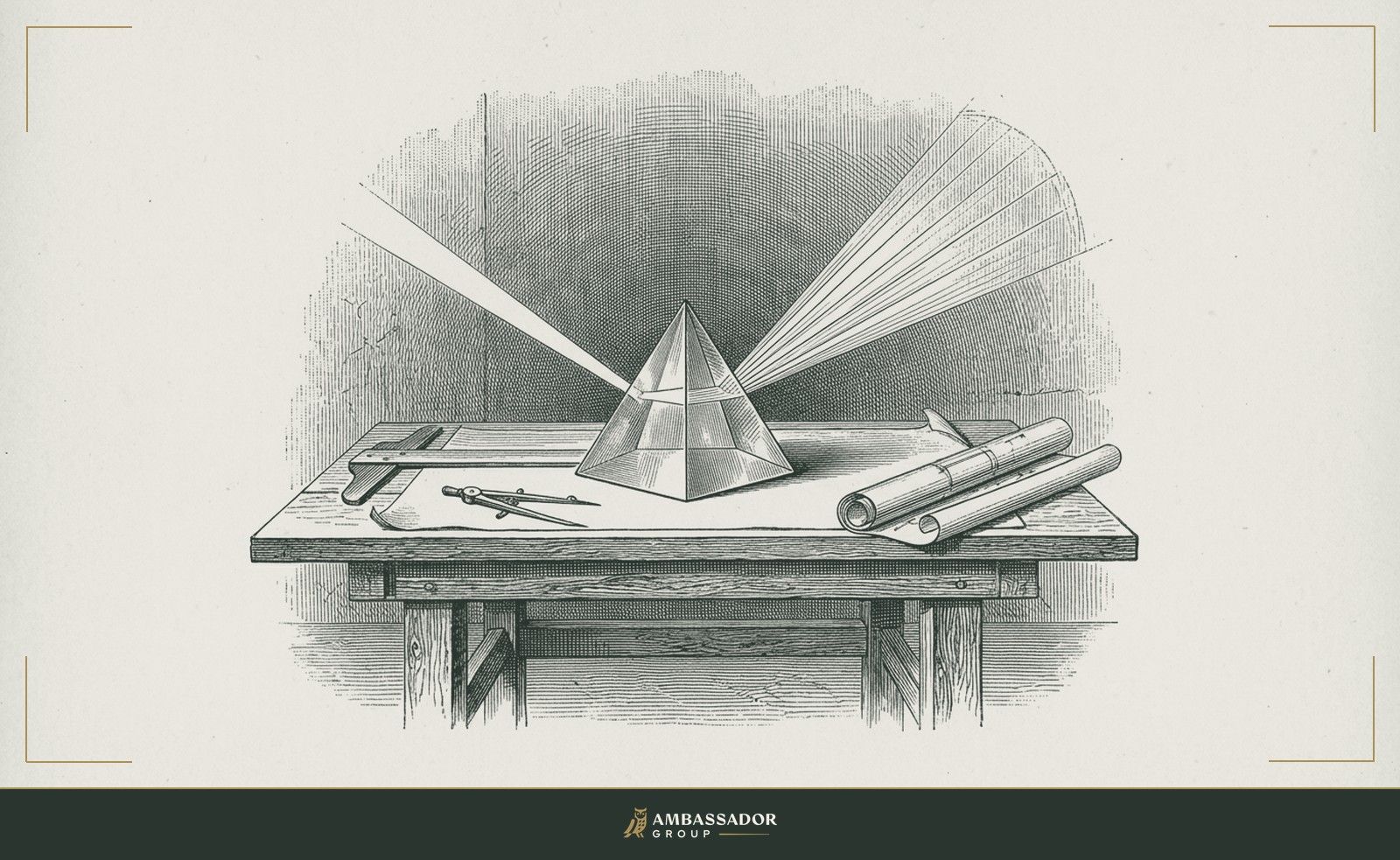 Antique engraving illustration. A prism resting on a drafting table, a single beam of light entering one face and separating into a fan of distinct rays on the far wall.