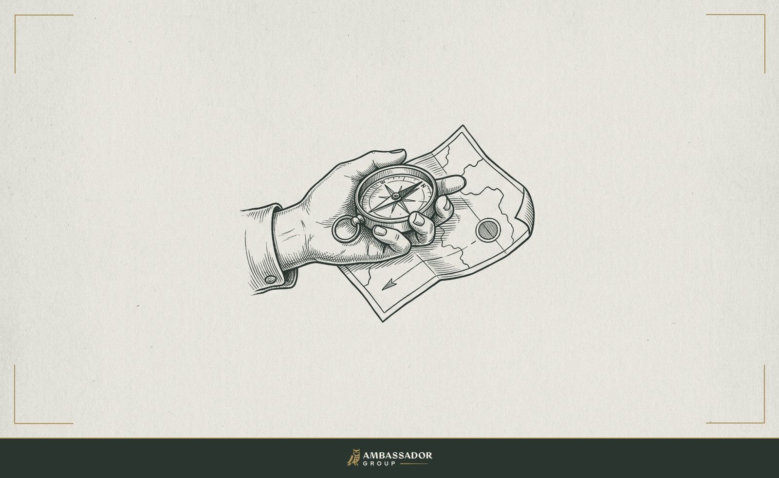 Antique engraving illustration. A candidate's open hand holding a brass compass, its needle pointing decisively toward a chosen horizon, resting on a folded map with a single marked destination.