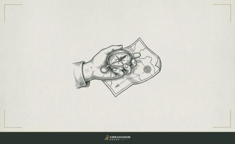 Antique engraving illustration. A candidate's open hand holding a brass compass, its needle pointing decisively toward a chosen horizon, resting on a folded map with a single marked destination.