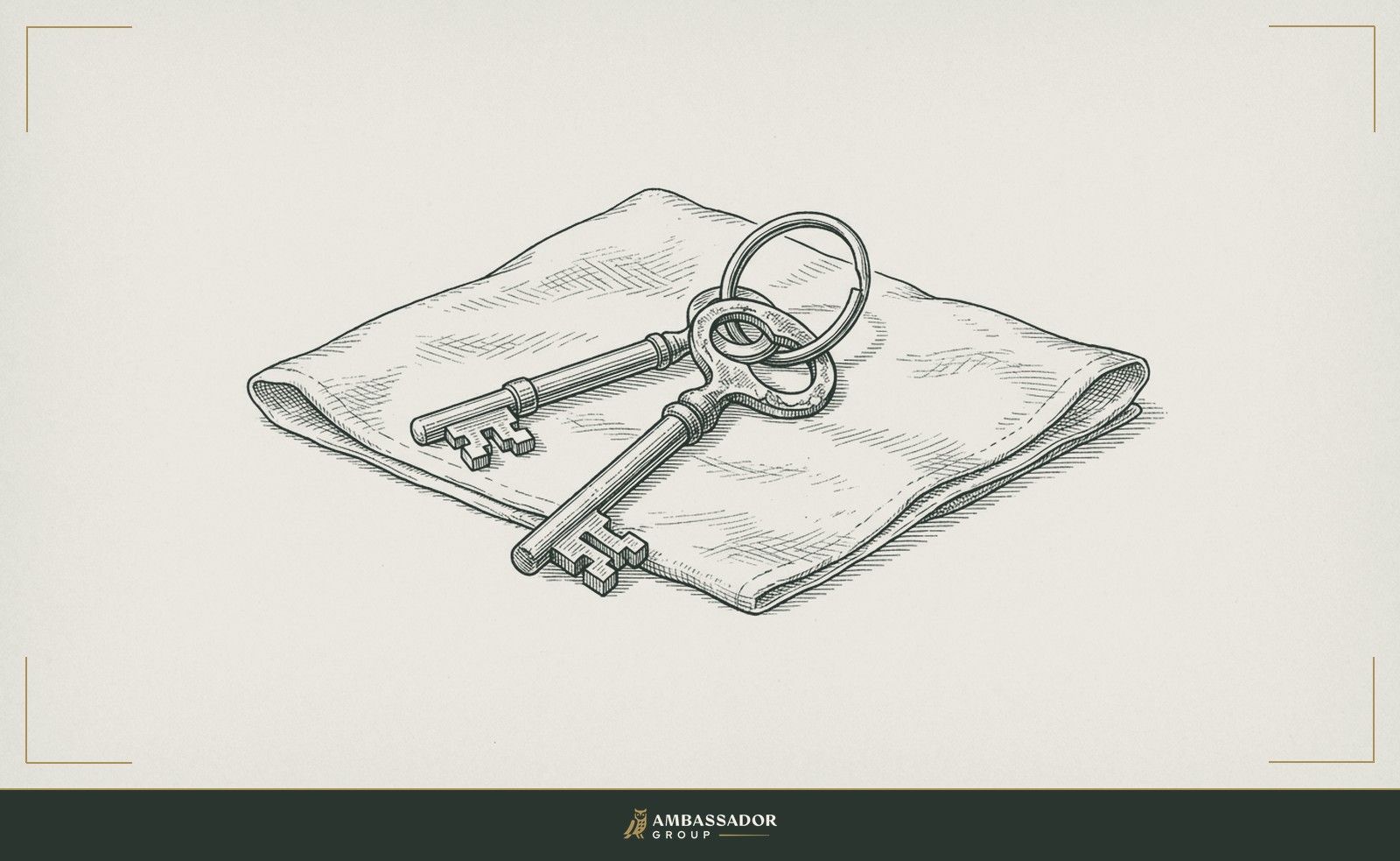 Antique engraving illustration. Two keys on a split ring, each cut differently, lying together on a cloth, the image of two unique instruments designed to open distinct things yet kept in one hand.