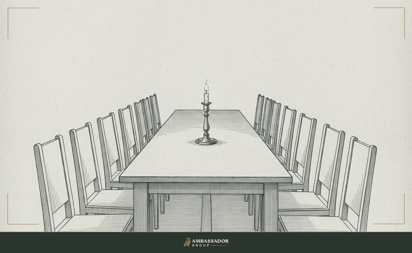 Antique engraving illustration. A solitary candlestick burning on a broad empty table set for many, the other chairs pulled back and unoccupied.