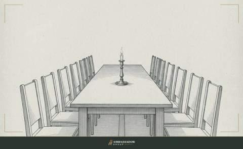 Antique engraving illustration. A solitary candlestick burning on a broad empty table set for many, the other chairs pulled back and unoccupied.