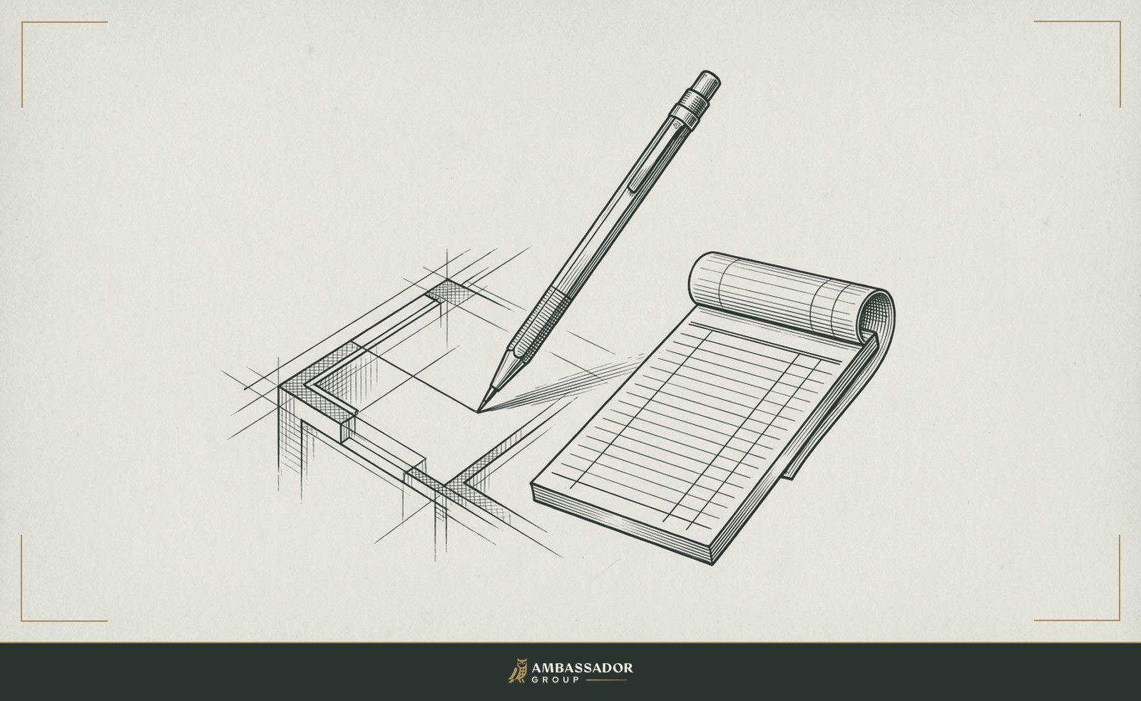 Antique engraving illustration. A draftsman's pencil resting mid-mark on a detail drawing, a folded notepad open beside it with three columns ruled in ink.