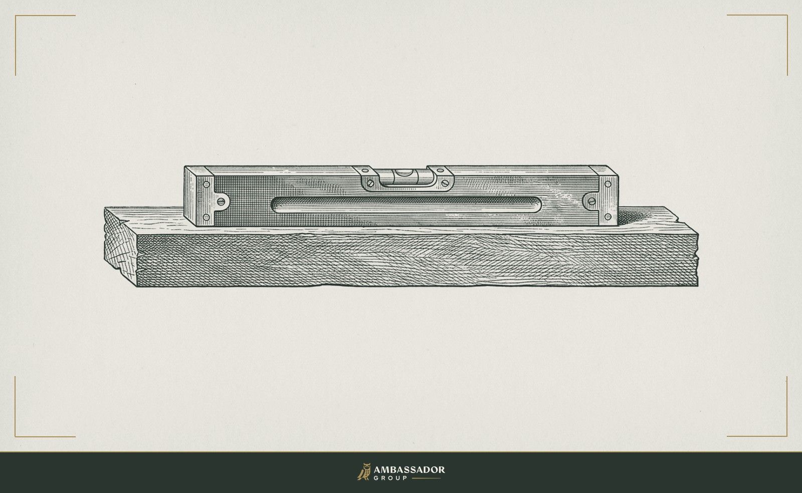 Antique engraving illustration. A carpenter's spirit level rests on a rough-sawn timber beam, its bubble centered in the vial.