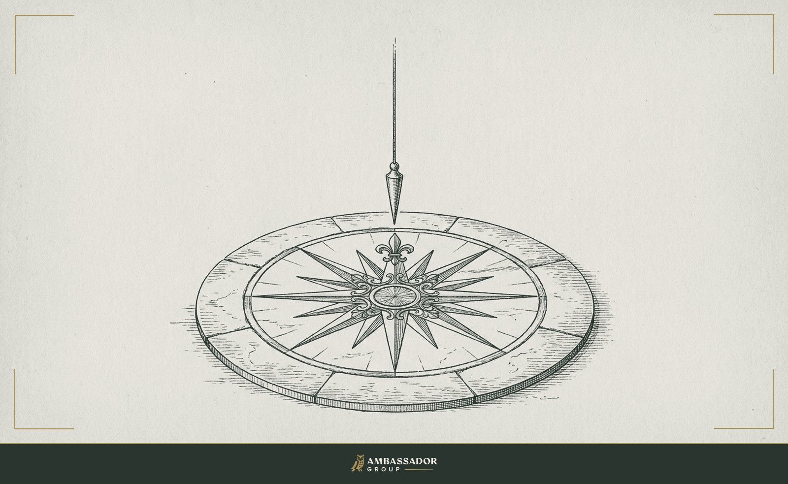 Antique engraving illustration. A ship's compass rose etched into a stone floor, with a single plumb line hanging centered above its true-north point.