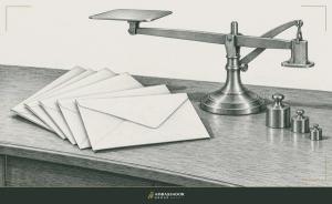 Antique engraving illustration. Blank folded letters fanned across a desk beside a brass letter balance and its small stacked weights.