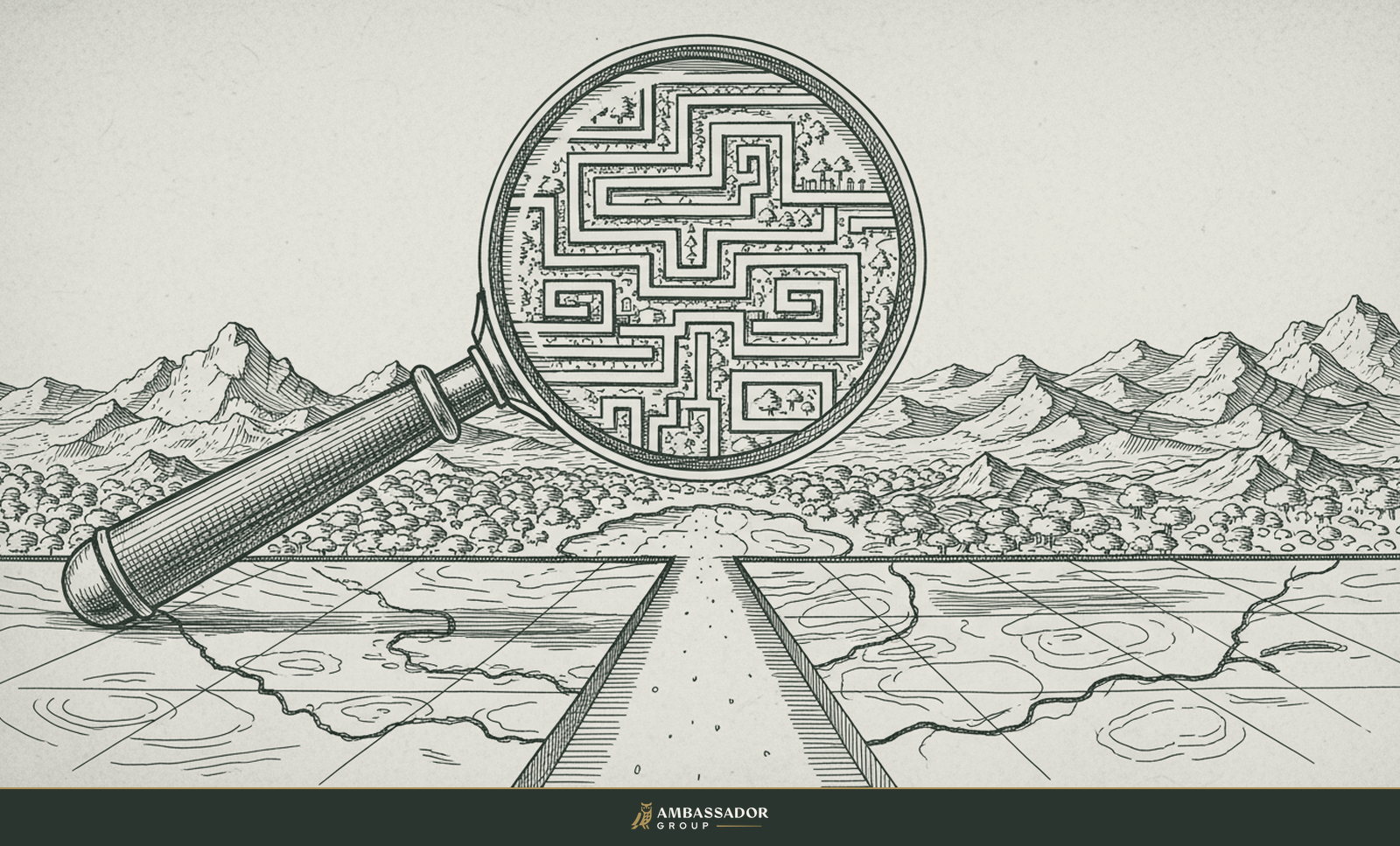 Antique engraving illustration. A deceptively simple straight road drawn on a map that, near the magnifying glass, reveals itself as an intricate winding labyrinth.